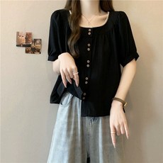 蕾絲拼接寬鬆短袖襯衫 甜美風夏季通勤上衣