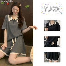 學院風運動套裝 大碼女裝 夏季休閒時尚減齡兩件套