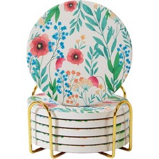 세라믹 흡수성 컵받침 6개 세트 홀더 포함 커피 테이블용 대리석 음료 컵받침 수분 흡수 스톤 컵받침 (임프레션), Blossom