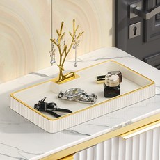 玄關鑰匙收納盒門口桌面化妝品護膚品口紅首飾置物架輕奢收納托盤, 1個, 臥姿鹿款鑰匙收納盒-莫奈豎條紋-白色:鹿角鑰匙收納盒