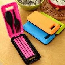 大豪哥選物 拼色餐具組 ABS塑料餐具三件套 便攜旅行環保餐具套裝 筷子叉勺, 粉, 1個