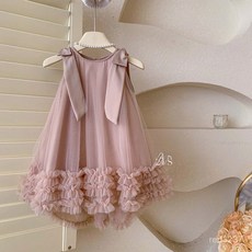 女童連衣裙夏季新款 兒童蝴蝶結網紗公主裙 寶寶無袖禮服裙
