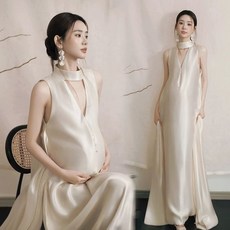 블랙 만삭 촬영 베이지 반목 화보 셀프 사진 임부복, 다크퍼플 드레스