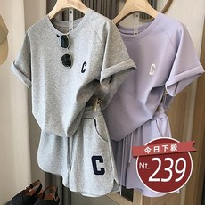 韓版寬鬆簡約休閒字母刺繡短袖上衣 運動短褲 運動套裝