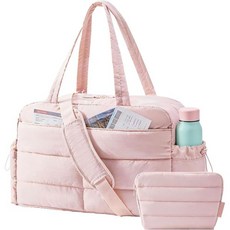 BAGSMART Gym 백 여성용 경량 Puffer 더플 2-PC 여행 가방 31L 위켄더 Overnight 퀼트 캐리 온 토트 Diaper Hospital Dance for, Baby 핑크