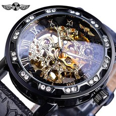 남자 스켈레톤 오토매틱 기계식 수동 시계 2060 손목, 1, T. 블랙 블랙 다이얼 골드 문자 블랙 가죽