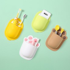 벽부착 실리콘 수납 포켓 소품수납 부착식 실리콘포켓 물빠짐포켓 칫솔꽂이, 고양이발 브라운