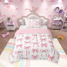 Feelyou 귀여운 리본 이불 세트 트윈 사이즈 핑크 나비매듭 침구 세트 어린이 남아 여아 공주 수채화 이불 퀼트 침실 장식 극세사 2피스 베개 커버 1개 포함