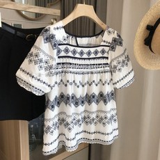 方領泡泡袖襯衫 女款夏季寬鬆短袖上衣