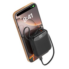 PIUJJA 일체형 QC3.0 PD 22.5W 대용량 고속충전 케이블 휴대용 미니 C타입 고속충전 보조배터리 10000mAh, 블랙