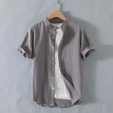 亞麻立領短袖襯衫 簡約素面透氣舒適