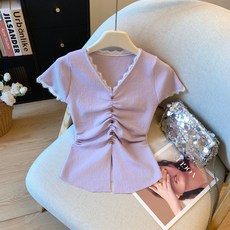 해피유통 여성 브이넥 레이스 반팔 티셔츠 버튼 포인트 슬림핏 상의