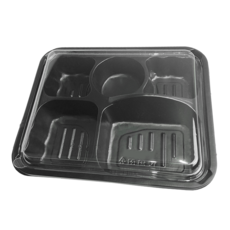 盒作社 內嵌式五格餐盒235 黑色塑膠餐盒/可微波餐盒/外帶餐盒/一次性餐盒/日式便當盒, 1套, 235(底+蓋50組), 50個裝