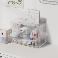 애교 가득 데스크 6칸 다이어리 투명 서랍식 수납함 학생 책상 정리함, 3단, 흰색