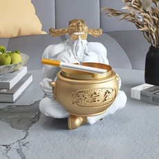 喜慶財神爺煙灰缸 - 家用客廳辦公室桌面擺件 開業喬遷禮物, 肌肉財神煙灰缸擺件-白金色【高17c0, 1個