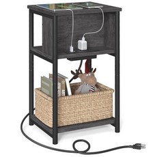 충전 스테이션이 있는 바사글 사이드 테이블 USB 포트 및 콘센트가 3단 엔드 거실용 나이트스탠드 침실 11 8 x 13 4 22 인치 플러그인 시리즈 러스틱 블랙, Misty Gray + Black