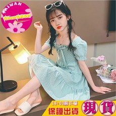 SHOWSHOP 女童春夏季仙氣洋裝 淺綠色連身蛋糕裙 泡泡袖方領設計 適合125-135公分