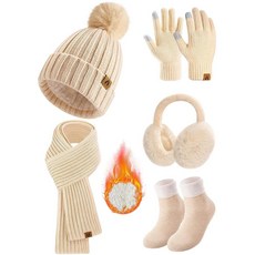 Yusongirl 겨울 여성용 스카프 장갑 비니 귀마개 양말 세트 추운 날씨용 따뜻한 니트 모자 플리스 롱 넥 워머 5 in 1 세트 베이지. 141185, Beige