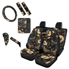 Forchrinse Bee Flower 카시트 커버 풀 세트 여성용 남성용 프론트 백 스플릿 벤치 및 스티어링 휠 커버 안전벨트 패드 코스터 키체인 범용 핏 트럭 SUV 또는, 꿀벌 꽃