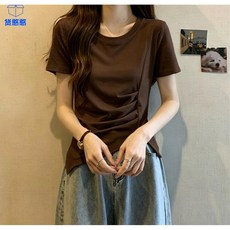 女夏短款圓領不規則褶皺短袖T恤
