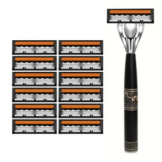 쿠쿠스토어 3층 블레이드 스테인레스 스틸 핸들 안전 면도기 - 수염 및 키트 내구성이 뛰어난, 07 1 handle 12 blades