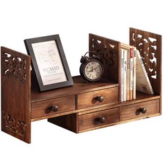 實木雕花伸縮置物架，桌面收納櫃，復古擺件, 復古色, 2層