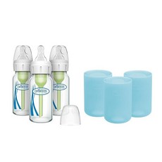 미국출고 평점4.5+ 234488 닥터 옵션스 플러스 내로우넥 유리 젖병 250ml & 슬리브 각 3개입, Blue, 4 oz