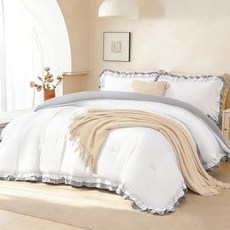 PERFEMET 러플 이불 세트 트윈 화이트 - 더블 5피스 빈티지 섀비 시크 침구 푹신한 경량 사계절용 양면 침대 (화이트 및 그레이 트윈) 318105