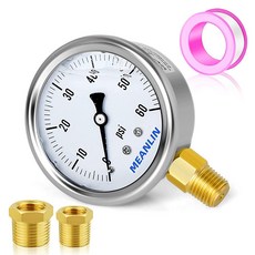 MEANLIN MEASURE 0~4000Psi 스테인리스 스틸 0.6cm(1/4인치) NPT 6.4cm(2.5인치) 페이스 다이얼 액체 충전 압력 게이지 WOG 워터 오일 에어, 0-60Psi, 하단 마운트 싱글 스케일