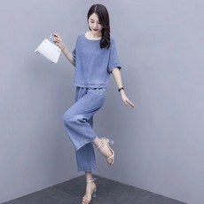 셀럽당빅 사이즈 와이드 데님 팬츠 세트 여름 투피스