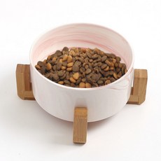 강아지 고양이 도자기 식기 16cm 우드 받침대 핑크 대리석무늬