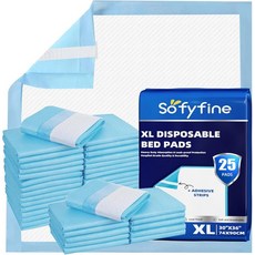 접착 스트립이 있는 SOFYFINE 침대 패드 30x36 두꺼운 노인 요실금 언더패드 일회용 무거운 흡수 척 방수 XL 초대형 강아지 소변 훈련 10, 30"x36"-25 Pads