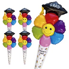 [메무모] 졸업 학사모 데이지 막대풍선 세트, 5개, 학사모레인보우데이지