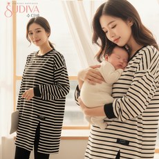 수디바 스트라이프 수유복 외출 긴팔 수유티 수유 잠옷 홈웨어 임부복