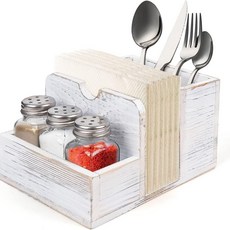 廚房木質多功能餐具盒帶抽紙架 - 家用實木調味品餐巾紙收納盒, 白色, 1個