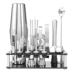 Vibe Bar 不鏽鋼調酒套裝23件組，壓克力架酒吧工具，波士頓雪克杯，三節式雪克杯 - 銀色/金色/玫瑰金/槍黑/亮黑組合, 1個, 鏡光三節式