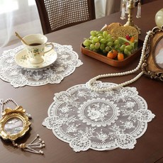 레이스 플라워 클래식 자수 매트 식탁 매트 테이블 매트 2개 세트, 1세트, 34 x 34cm, 화이트 2개