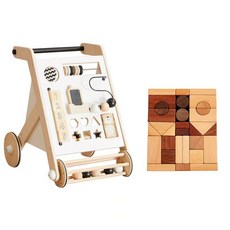 아기 보행기 다기능 유모차 나무 다리 걷기 학습 걸음마 연습, 조기 교육 보행기 + 32 개의 큰 단단한 나무 블록, 1개