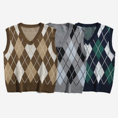 아이에스이랩 아가일 패턴 루즈핏 니트 조끼 3컬러 남녀공용 가을 니트베스트 I4NT025