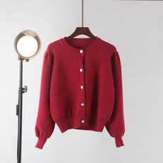 니트 가디건 단추 퍼프 라운드 꽈배기