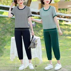 MOSAIRATION 여성 패션 중년 엄마 운동 세트 스트라이프 라운드넥 반팔 티셔츠 + 밴딩 조거 팬츠 캐주얼 투피스 M01030319