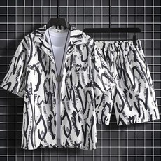 冰絲短褲一整套男夏季薄款寬鬆短袖碎花襯衫夏威夷情侶沙灘服套裝