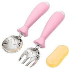 KINGSTONE 케이스 포함 유아용 식기 실리콘 손잡이가 달린 아동용 실버웨어 세트 18/10 스테인리스 스틸 어린이 안전 포크 및 스푼 여행용 휴대용 케이스 BPA 프, 핑크