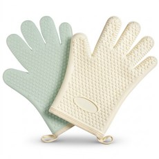 채워유 주방 두꺼운 실리콘 오븐장갑, 2세트, 민트+베이지