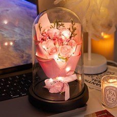 永生花玻璃罩 公仔防塵罩 玫瑰花束 創意香皂花禮物, 浪漫粉玫瑰7朵(送禮品袋 賀卡), 浪漫粉