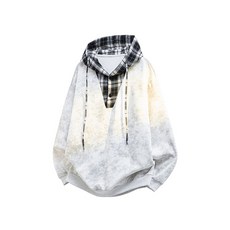 美式復古格子撞色拼接假兩件連帽衛衣 情侶休閑上衣