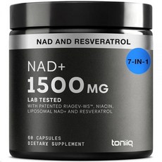 Toniiq 리포솜 NAD+ 및 레스베라트롤 보충제 - 1500mg 초고강도 NAD 보충제 - 특허받은 RiaGev-WS 레스베라트롤 및 나이아신이 함유된 임상적으로 연구된, 60정