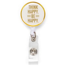 Think Happy Be 골드 톤 화이트 배지 릴 악어 클립 포함, 생각하세요