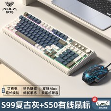 狼蛛S99無線三模藍牙鍵盤 輕音機械手感 RGB遊戲電競鍵盤 臺灣出貨, 送一年質保換新-【復古灰】無線鍵盤+有線