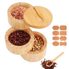 JIABEIUS 회전 뚜껑과 스푼이 있는 대나무 소금 상자 2개 라벨 스티커 8개가 2단 셀러 용기 주방에서 후추 설탕 허브 조미료 보관용 나무 향신료 병, 1개, 3단